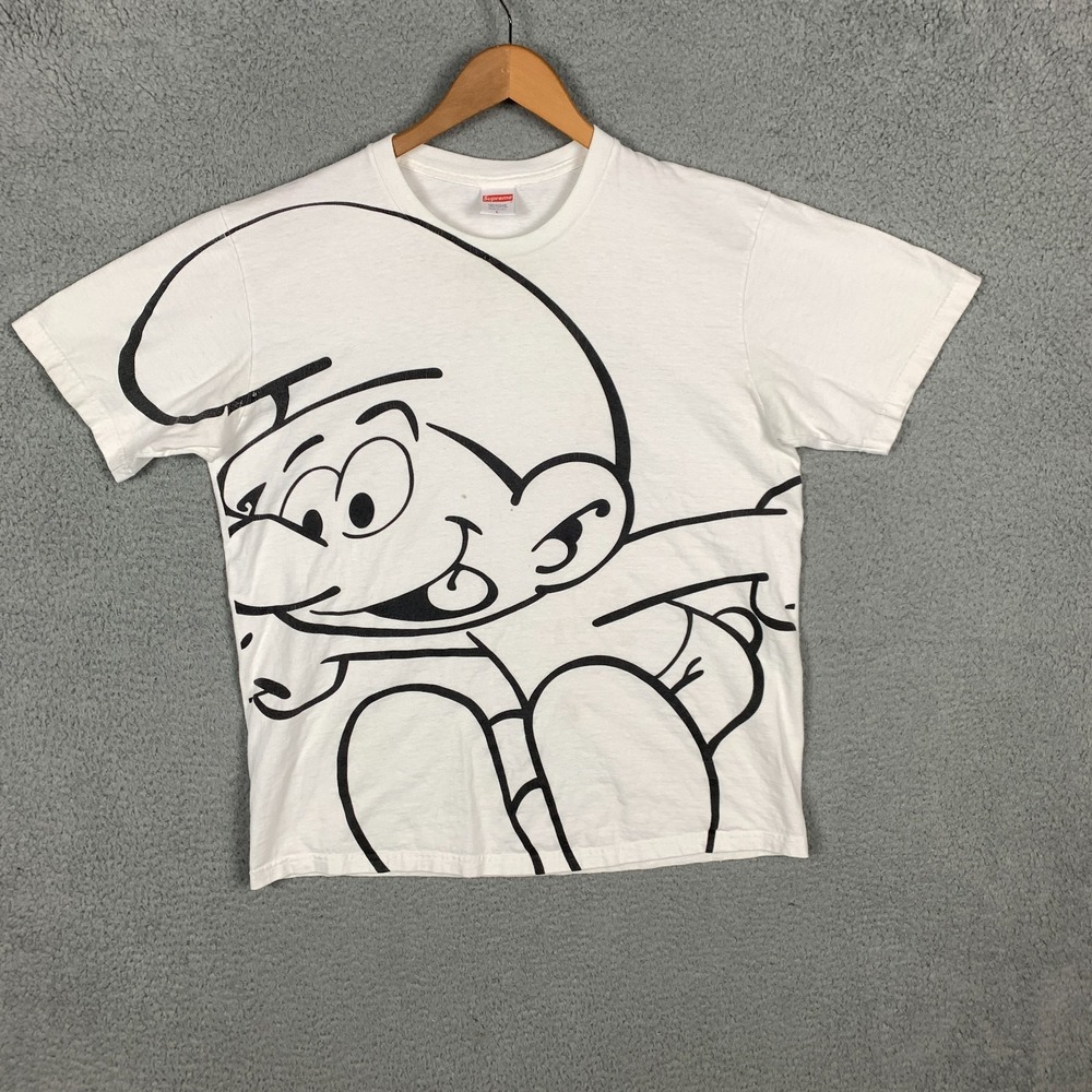 Supreme x Smurfs T-Shirt Adult Large L White Cartoon-Print Cotton Double Sided